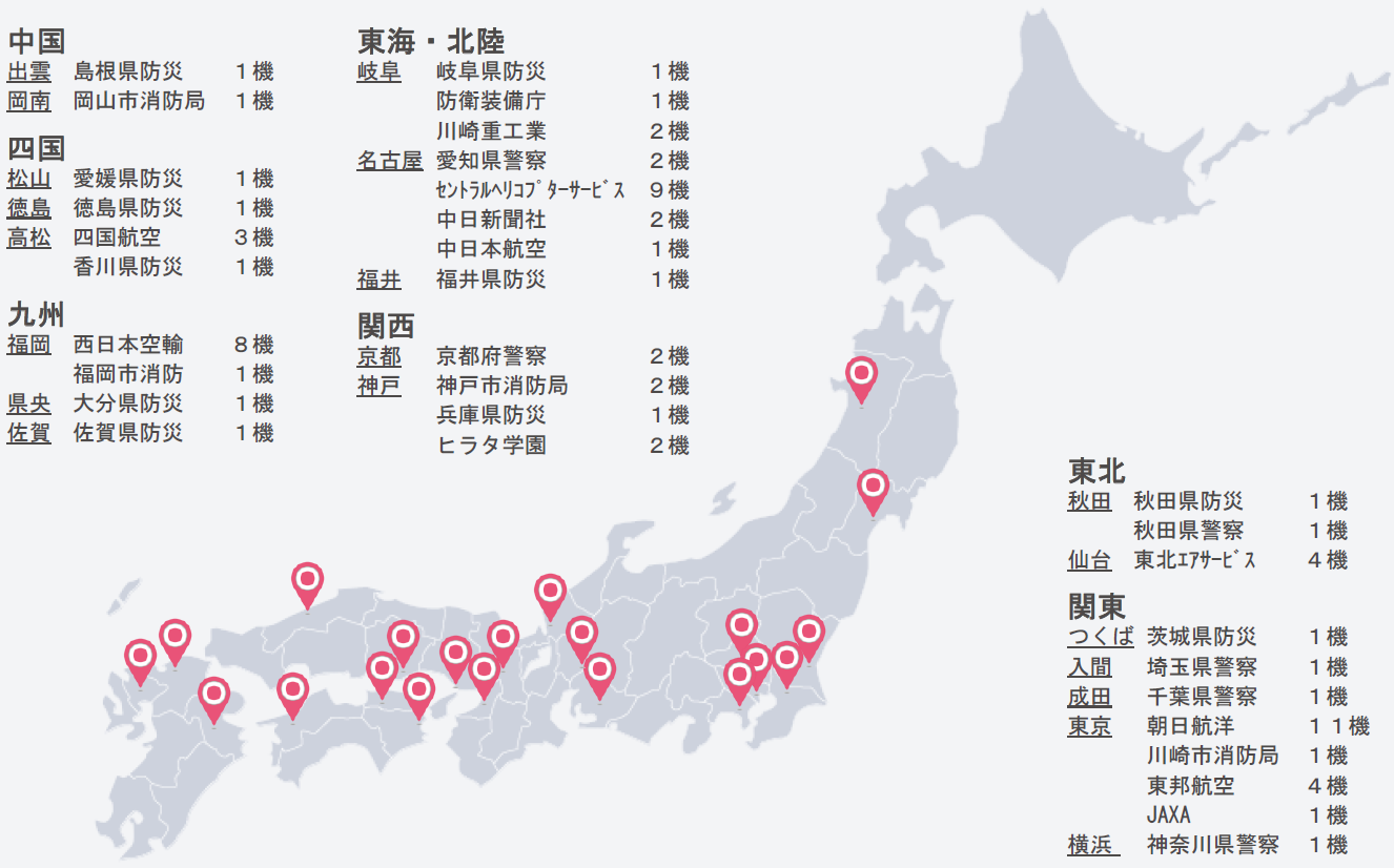 川崎式BK117国内運航基地及び機数マップ